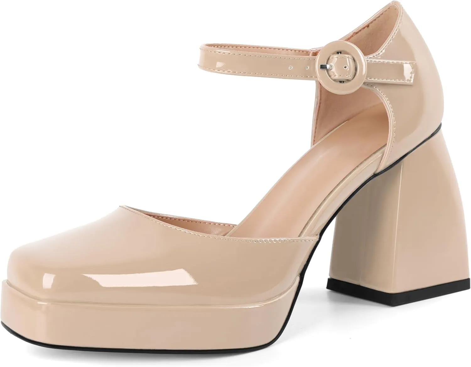 Soireelady Womens Chunky Platform Heels, Mary Jane Shoes Block Heel Pumps, High Heel Square Toe D'Orsay Heels Ankle Strap Dress Shoes 4 Inch