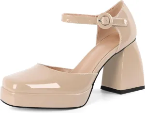 Soireelady Womens Chunky Platform Heels, Mary Jane Shoes Block Heel Pumps, High Heel Square Toe D'Orsay Heels Ankle Strap Dress Shoes 4 Inch