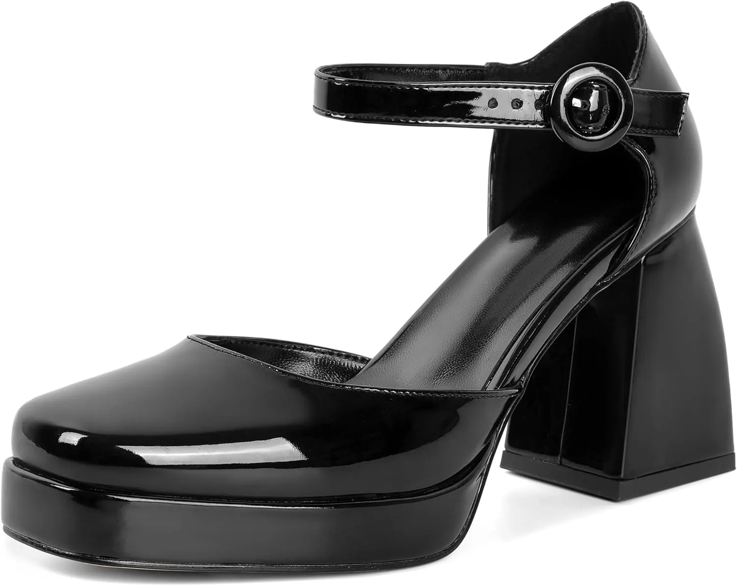 Soireelady Womens Chunky Platform Heels, Mary Jane Shoes Block Heel Pumps, High Heel Square Toe D'Orsay Heels Ankle Strap Dress Shoes 4 Inch