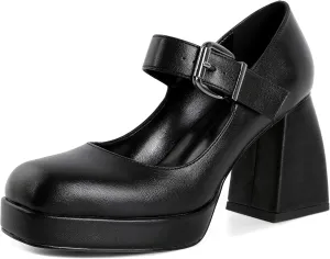 Soireelady Womens Chunky Platform Heels, Mary Jane Shoes Block Heel Pumps, High Heel Square Toe Heels Ankle Strap Dress Shoes Comfort Fashion 4 Inch