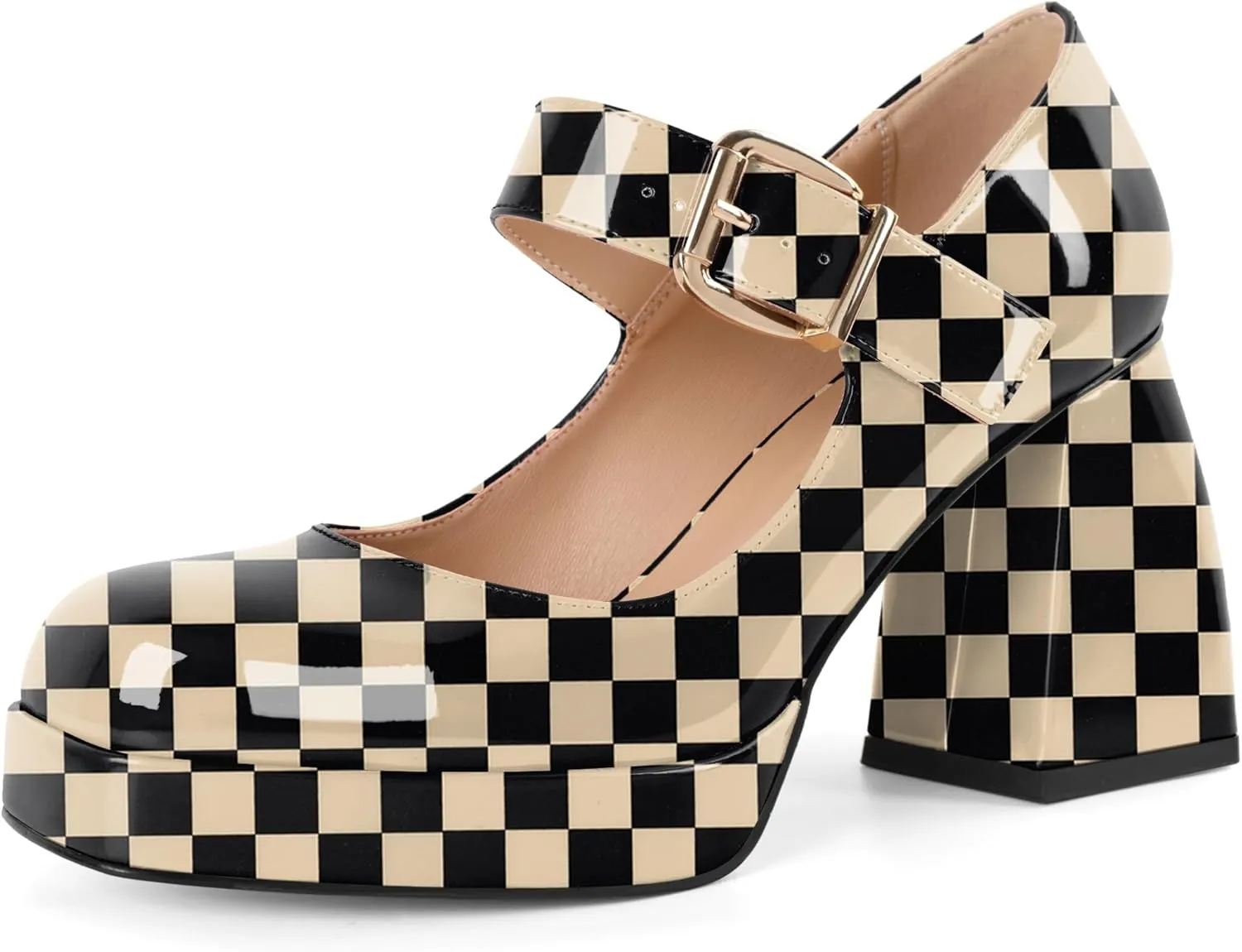 Soireelady Womens Chunky Platform Heels, Mary Jane Shoes Block Heel Pumps, High Heel Square Toe Heels Ankle Strap Dress Shoes Comfort Fashion 4 Inch