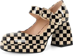 Soireelady Womens Chunky Platform Heels, Mary Jane Shoes Block Heel Pumps, High Heel Square Toe Heels Ankle Strap Dress Shoes Comfort Fashion 4 Inch