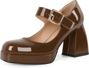 Soireelady Womens Chunky Platform Heels, Mary Jane Shoes Block Heel Pumps, High Heel Square Toe Heels Ankle Strap Dress Shoes Comfort Fashion 4 Inch