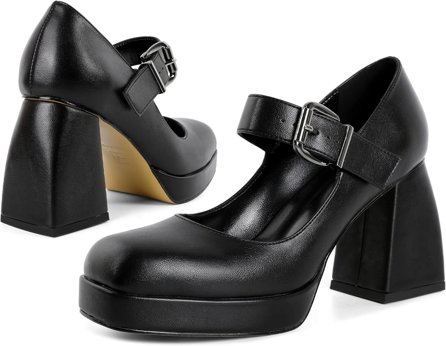 Soireelady Womens Chunky Platform Heels, Mary Jane Shoes Block Heel Pumps, High Heel Square Toe Heels Ankle Strap Dress Shoes Comfort Fashion 4 Inch
