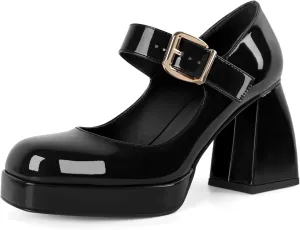 Soireelady Womens Chunky Platform Heels, Mary Jane Shoes Block Heel Pumps, High Heel Square Toe Heels Ankle Strap Dress Shoes Comfort Fashion 4 Inch