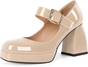 Soireelady Womens Chunky Platform Heels, Mary Jane Shoes Block Heel Pumps, High Heel Square Toe Heels Ankle Strap Dress Shoes Comfort Fashion 4 Inch