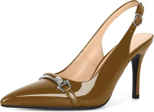 Soireelady Women's Slingback Heels Pointed Toe Stilettos High Heel Pumps Silver Buckle Strap Fashion Shoes 3.5 Inches
