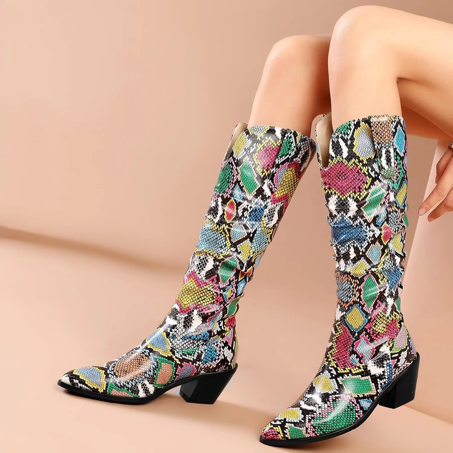 SoundSky Colorful Snakeskin Cowgirl Boots Pointed Toe Snake Print Western Knee High Boots Chunky Block Heels Pull On Boots for Women