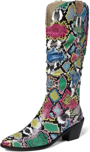 SoundSky Colorful Snakeskin Cowgirl Boots Pointed Toe Snake Print Western Knee High Boots Chunky Block Heels Pull On Boots for Women