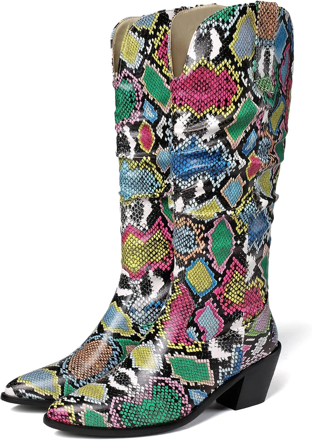SoundSky Colorful Snakeskin Cowgirl Boots Pointed Toe Snake Print Western Knee High Boots Chunky Block Heels Pull On Boots for Women
