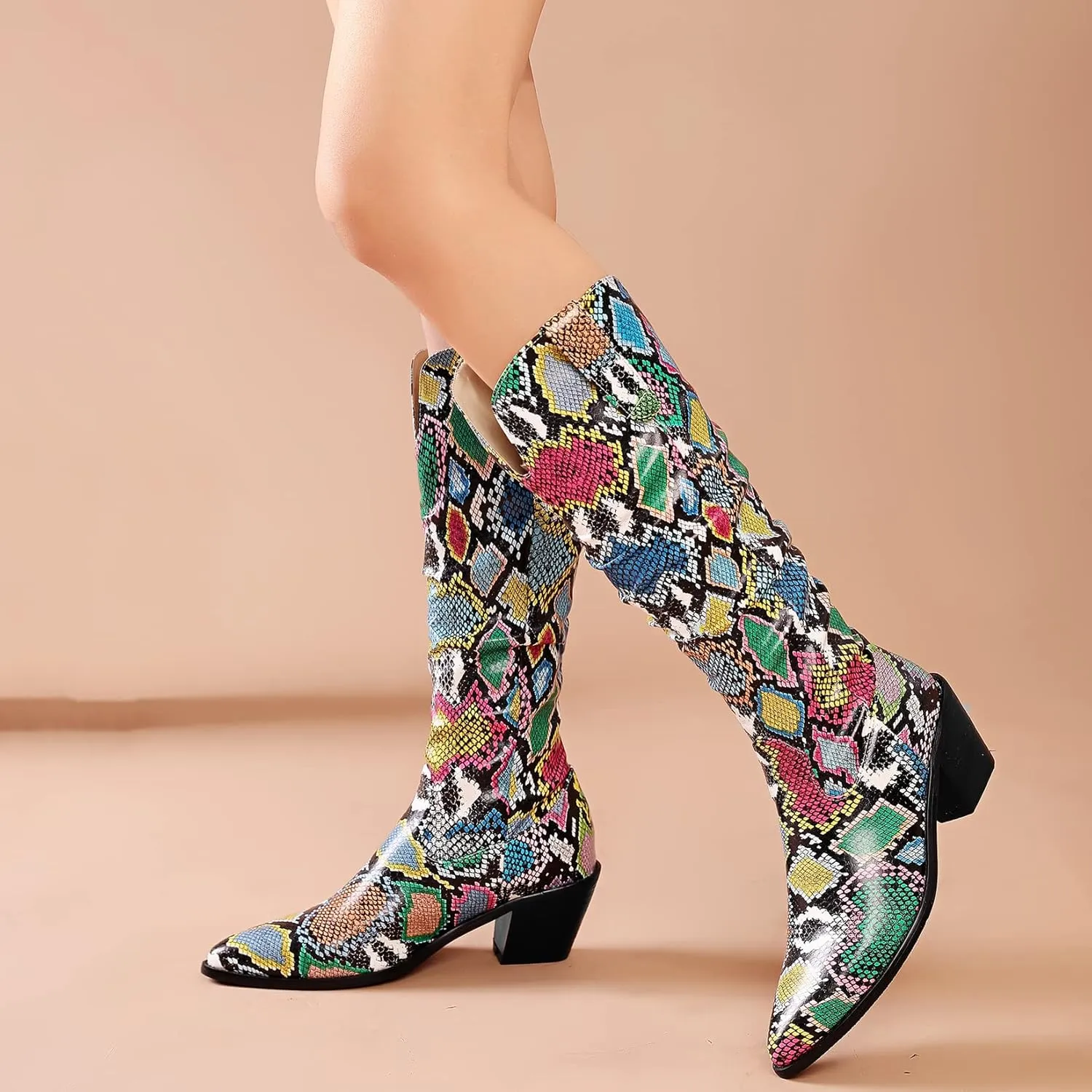 SoundSky Colorful Snakeskin Cowgirl Boots Pointed Toe Snake Print Western Knee High Boots Chunky Block Heels Pull On Boots for Women