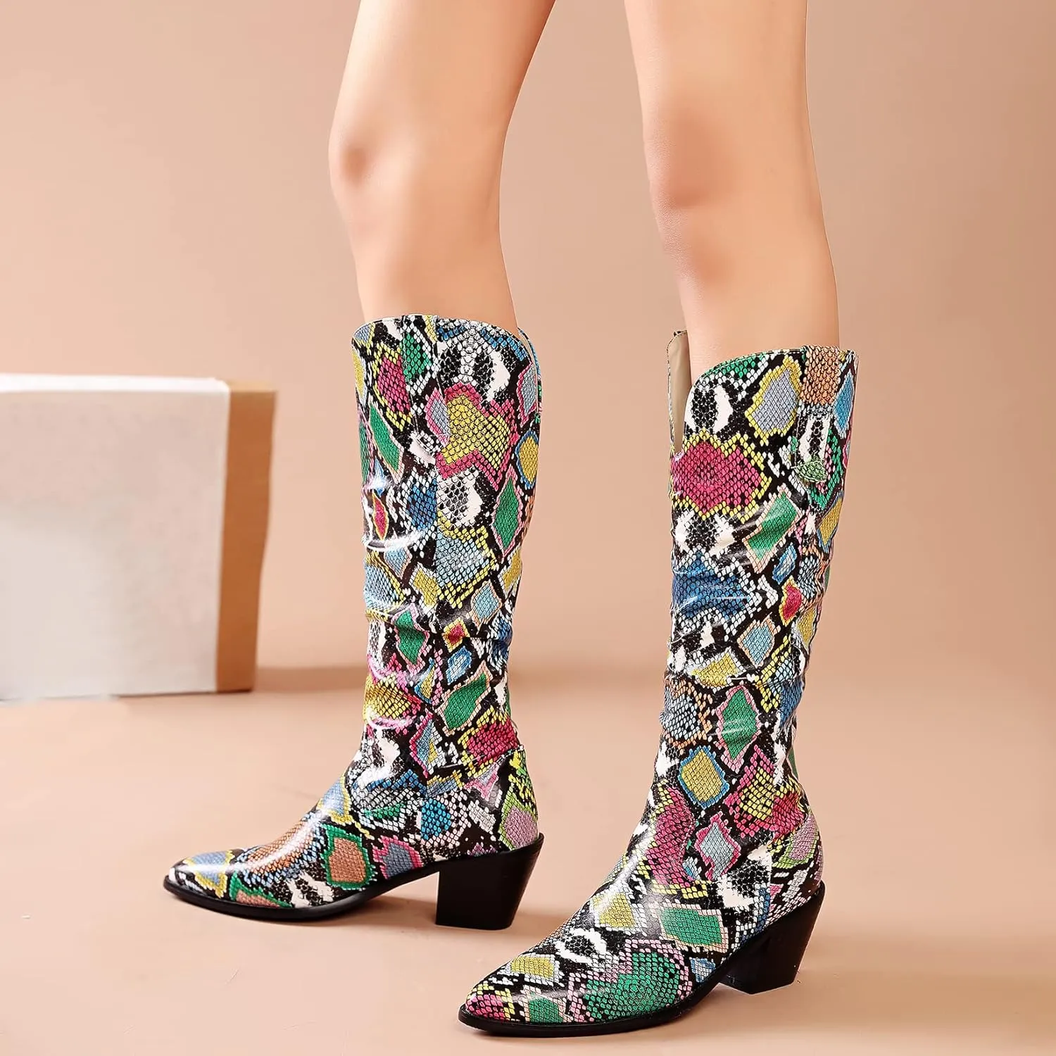 SoundSky Colorful Snakeskin Cowgirl Boots Pointed Toe Snake Print Western Knee High Boots Chunky Block Heels Pull On Boots for Women