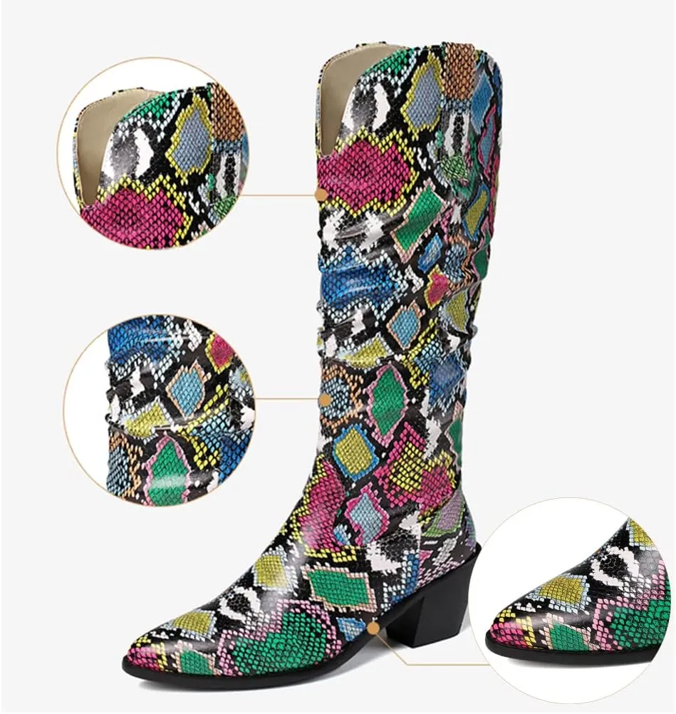 SoundSky Colorful Snakeskin Cowgirl Boots Pointed Toe Snake Print Western Knee High Boots Chunky Block Heels Pull On Boots for Women