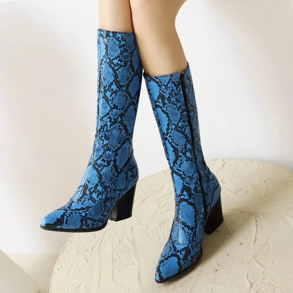 SoundSky Women Colorful Snake Print Boots Block Heel Knee High Boots Chunky Heel Side Zipper Snakeskin Pointed Toe Shoes