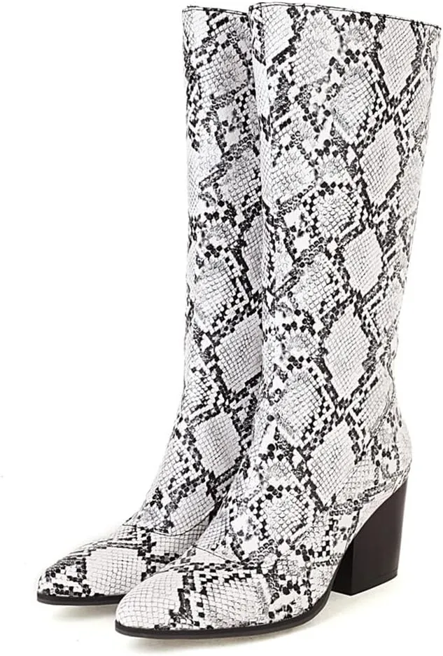 SoundSky Women Colorful Snake Print Boots Block Heel Knee High Boots Chunky Heel Side Zipper Snakeskin Pointed Toe Shoes