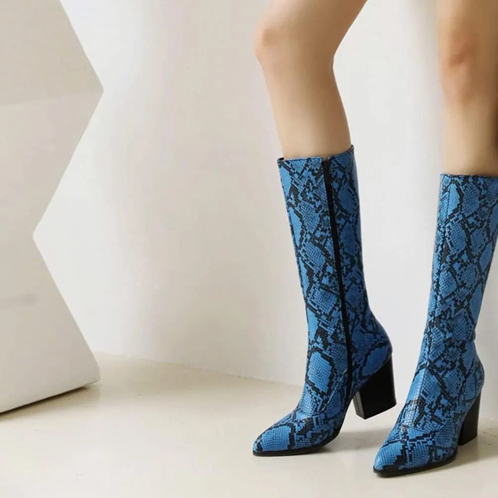 SoundSky Women Colorful Snake Print Boots Block Heel Knee High Boots Chunky Heel Side Zipper Snakeskin Pointed Toe Shoes