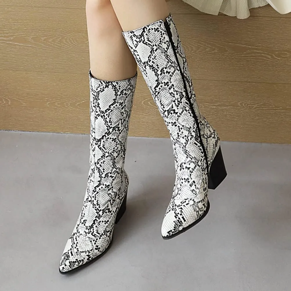 SoundSky Women Colorful Snake Print Boots Block Heel Knee High Boots Chunky Heel Side Zipper Snakeskin Pointed Toe Shoes