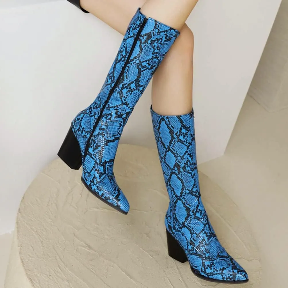 SoundSky Women Colorful Snake Print Boots Block Heel Knee High Boots Chunky Heel Side Zipper Snakeskin Pointed Toe Shoes