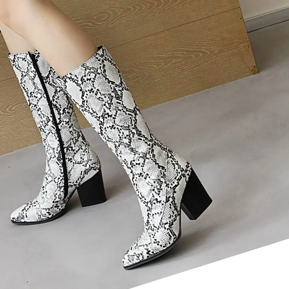 SoundSky Women Colorful Snake Print Boots Block Heel Knee High Boots Chunky Heel Side Zipper Snakeskin Pointed Toe Shoes