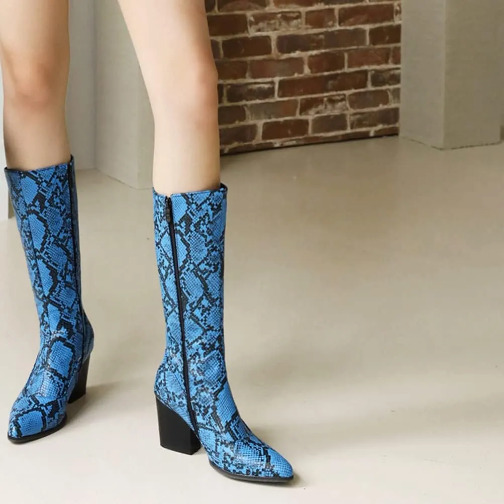 SoundSky Women Colorful Snake Print Boots Block Heel Knee High Boots Chunky Heel Side Zipper Snakeskin Pointed Toe Shoes