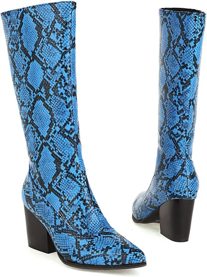 SoundSky Women Colorful Snake Print Boots Block Heel Knee High Boots Chunky Heel Side Zipper Snakeskin Pointed Toe Shoes