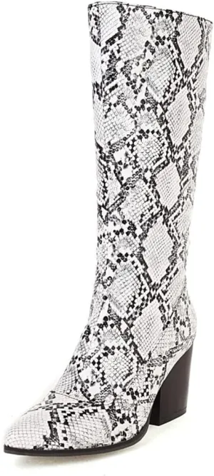 SoundSky Women Colorful Snake Print Boots Block Heel Knee High Boots Chunky Heel Side Zipper Snakeskin Pointed Toe Shoes