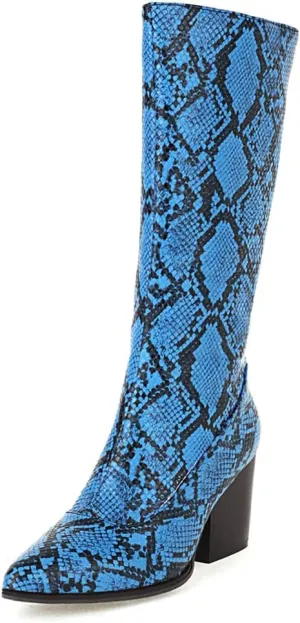 SoundSky Women Colorful Snake Print Boots Block Heel Knee High Boots Chunky Heel Side Zipper Snakeskin Pointed Toe Shoes