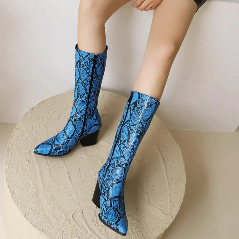 SoundSky Women Colorful Snake Print Boots Block Heel Knee High Boots Chunky Heel Side Zipper Snakeskin Pointed Toe Shoes