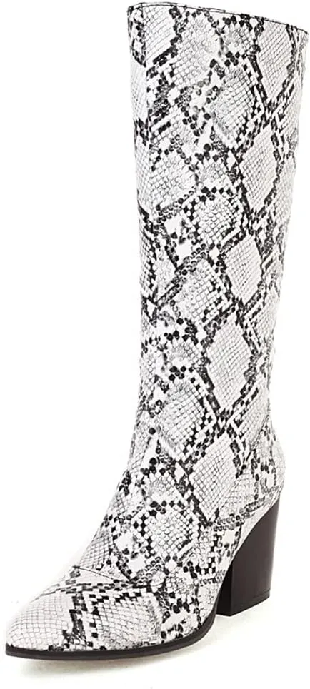 SoundSky Women Colorful Snake Print Boots Block Heel Knee High Boots Chunky Heel Side Zipper Snakeskin Pointed Toe Shoes
