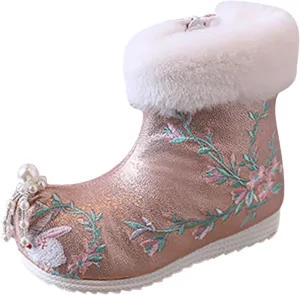 Toddler Rainboots Girls Ankle Pearl Boots Warm Cotton Boots Embroidered Boots National Boots Toddler Boys Booties