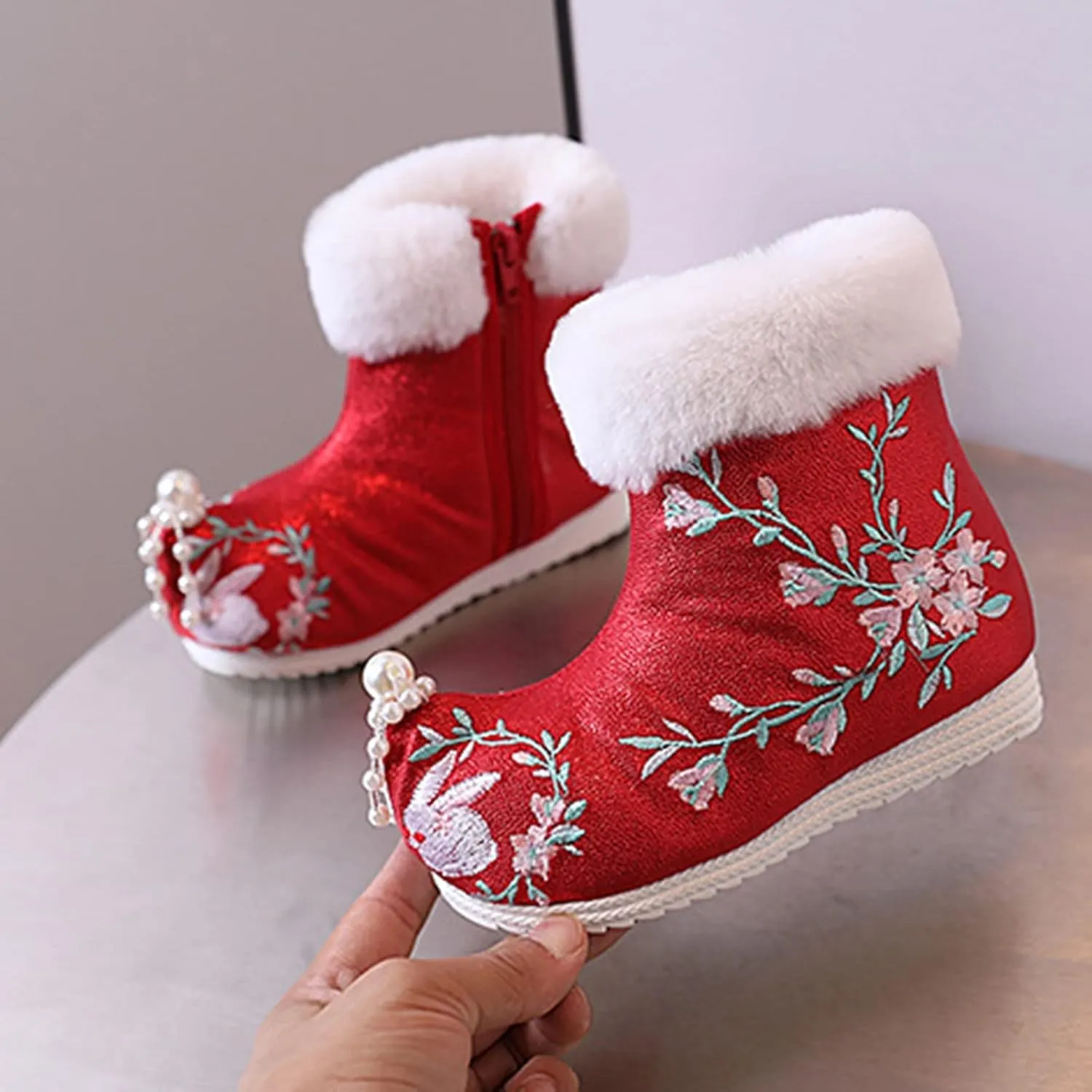 Toddler Rainboots Girls Ankle Pearl Boots Warm Cotton Boots Embroidered Boots National Boots Toddler Boys Booties