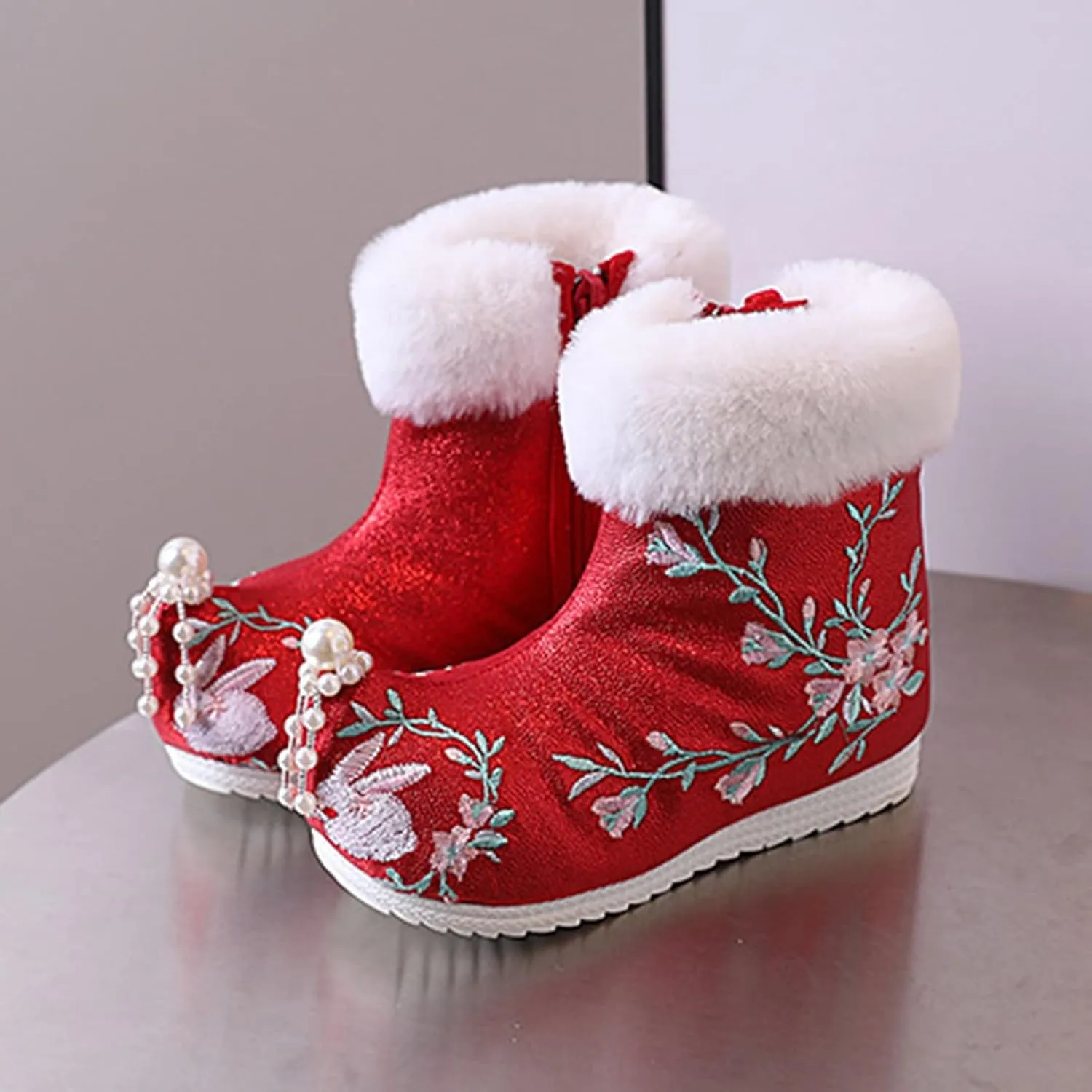 Toddler Rainboots Girls Ankle Pearl Boots Warm Cotton Boots Embroidered Boots National Boots Toddler Boys Booties