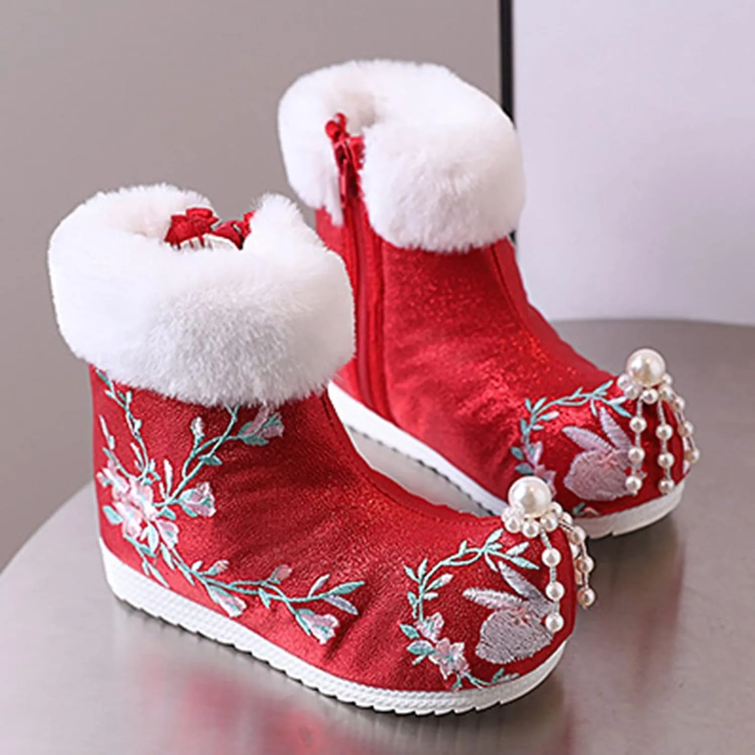 Toddler Rainboots Girls Ankle Pearl Boots Warm Cotton Boots Embroidered Boots National Boots Toddler Boys Booties