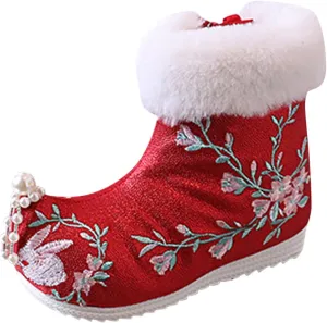 Toddler Rainboots Girls Ankle Pearl Boots Warm Cotton Boots Embroidered Boots National Boots Toddler Boys Booties