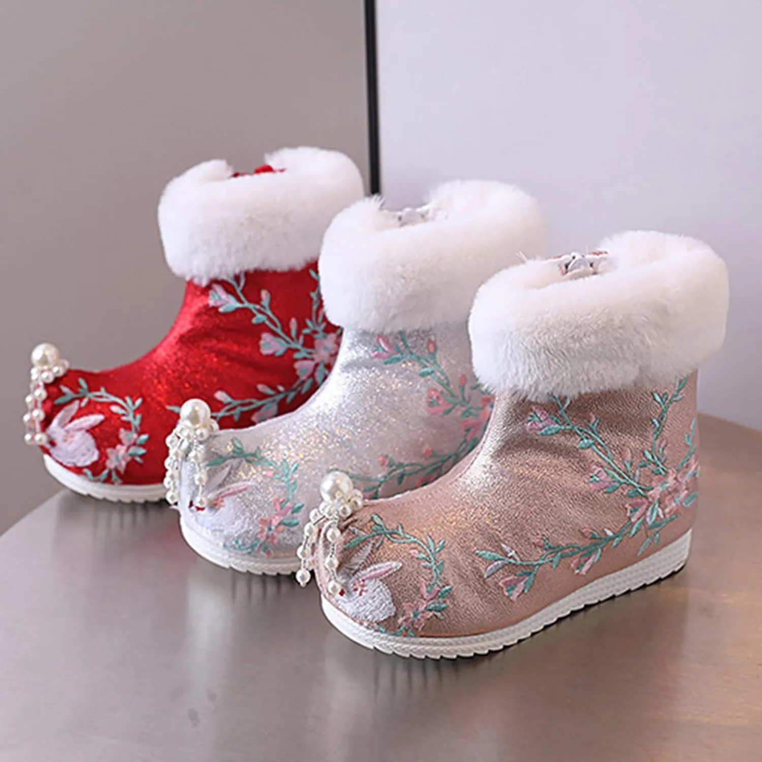 Toddler Rainboots Girls Ankle Pearl Boots Warm Cotton Boots Embroidered Boots National Boots Toddler Boys Booties