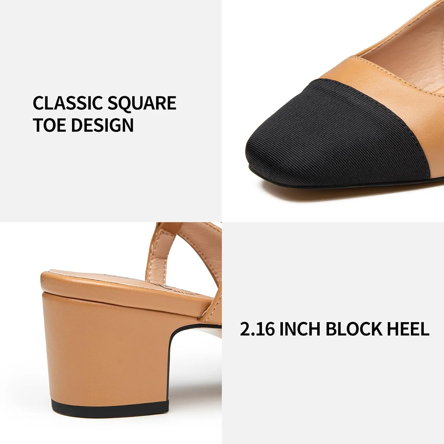 Trary Women's Chunky Slingback Pumps Comfortable Low Block Heels Splicing Square Toe Slip On Pumps Shoes for Office Work Wedding