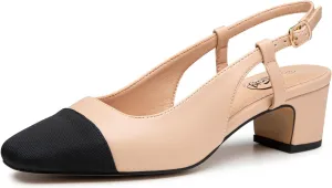 Trary Women's Chunky Slingback Pumps Comfortable Low Block Heels Splicing Square Toe Slip On Pumps Shoes for Office Work Wedding