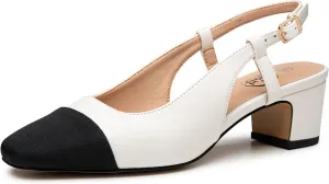 Trary Women's Chunky Slingback Pumps Comfortable Low Block Heels Splicing Square Toe Slip On Pumps Shoes for Office Work Wedding