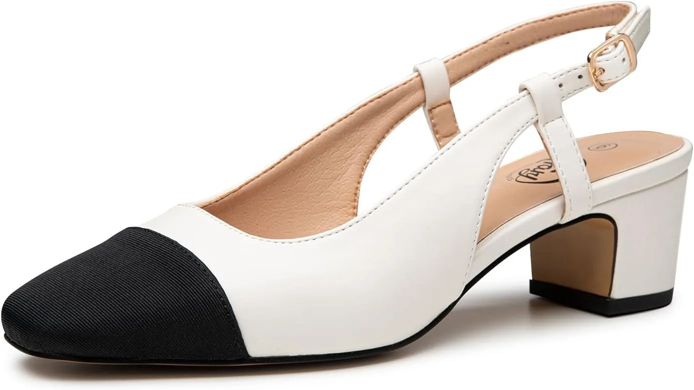Trary Women's Chunky Slingback Pumps Comfortable Low Block Heels Splicing Square Toe Slip On Pumps Shoes for Office Work Wedding