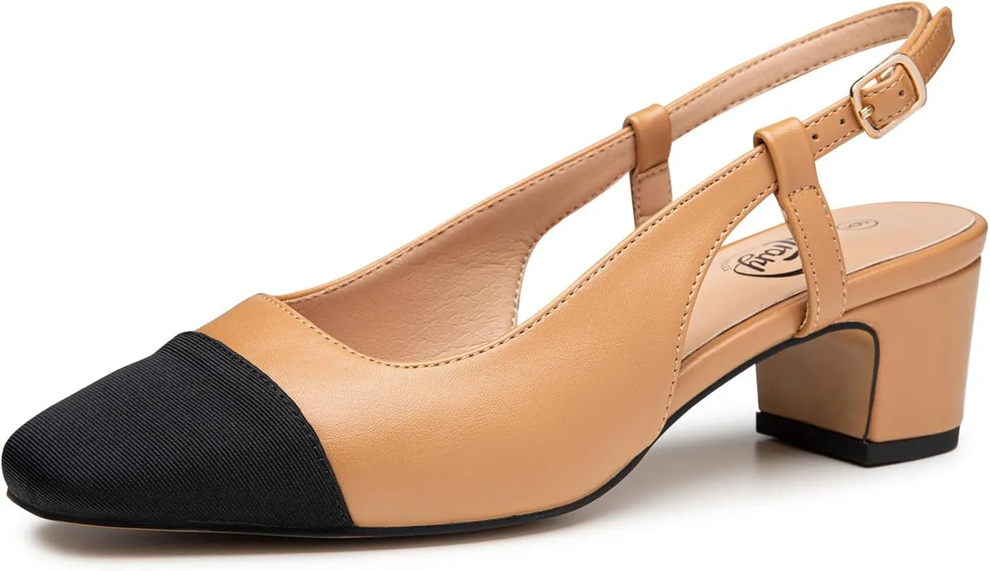 Trary Women's Chunky Slingback Pumps Comfortable Low Block Heels Splicing Square Toe Slip On Pumps Shoes for Office Work Wedding