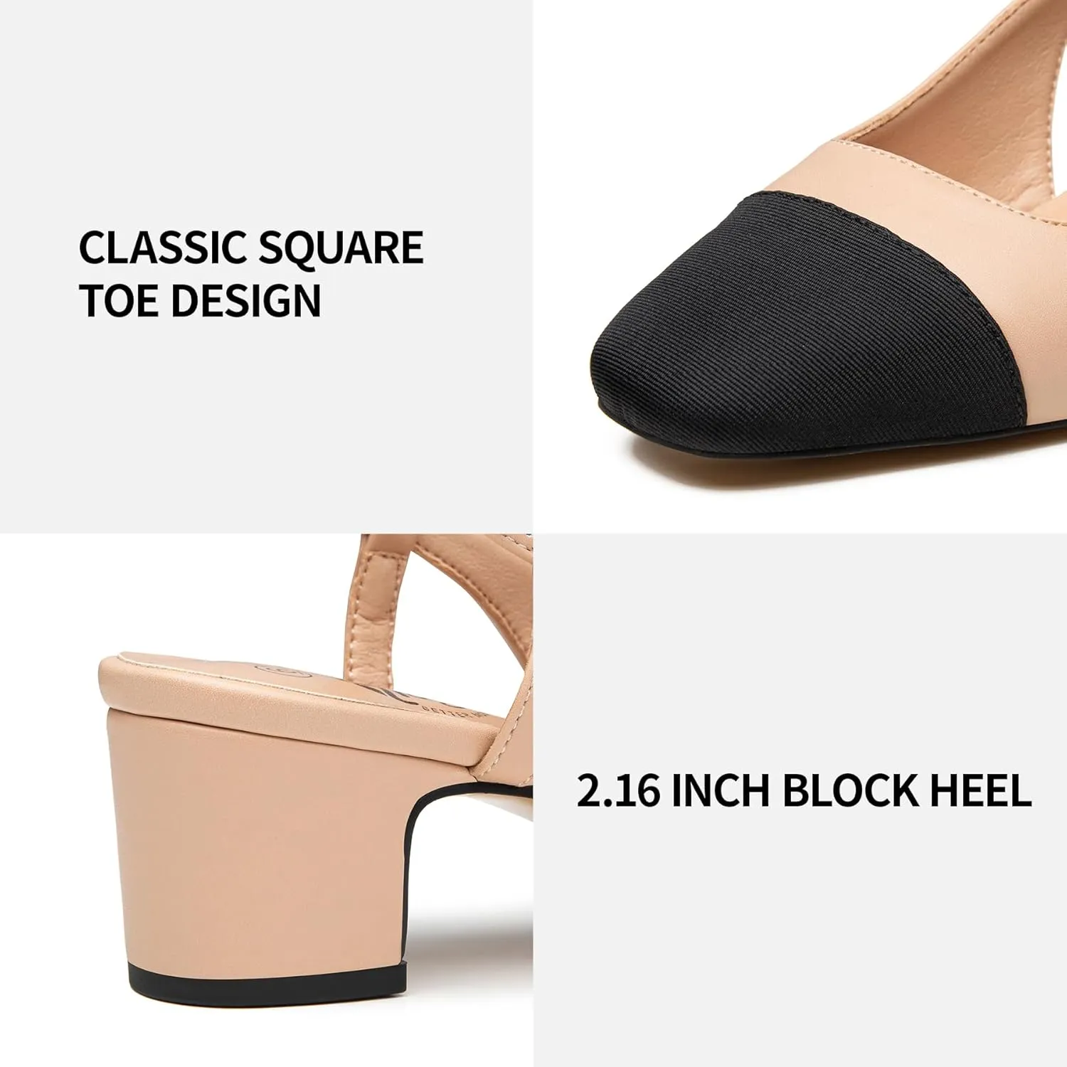 Trary Women's Chunky Slingback Pumps Comfortable Low Block Heels Splicing Square Toe Slip On Pumps Shoes for Office Work Wedding
