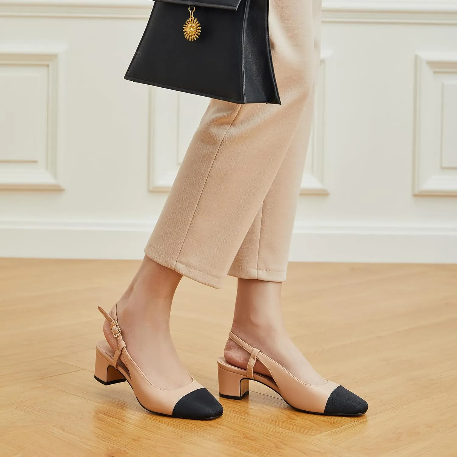 Trary Women's Chunky Slingback Pumps Comfortable Low Block Heels Splicing Square Toe Slip On Pumps Shoes for Office Work Wedding