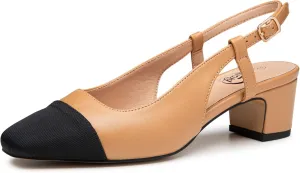 Trary Women's Chunky Slingback Pumps Comfortable Low Block Heels Splicing Square Toe Slip On Pumps Shoes for Office Work Wedding