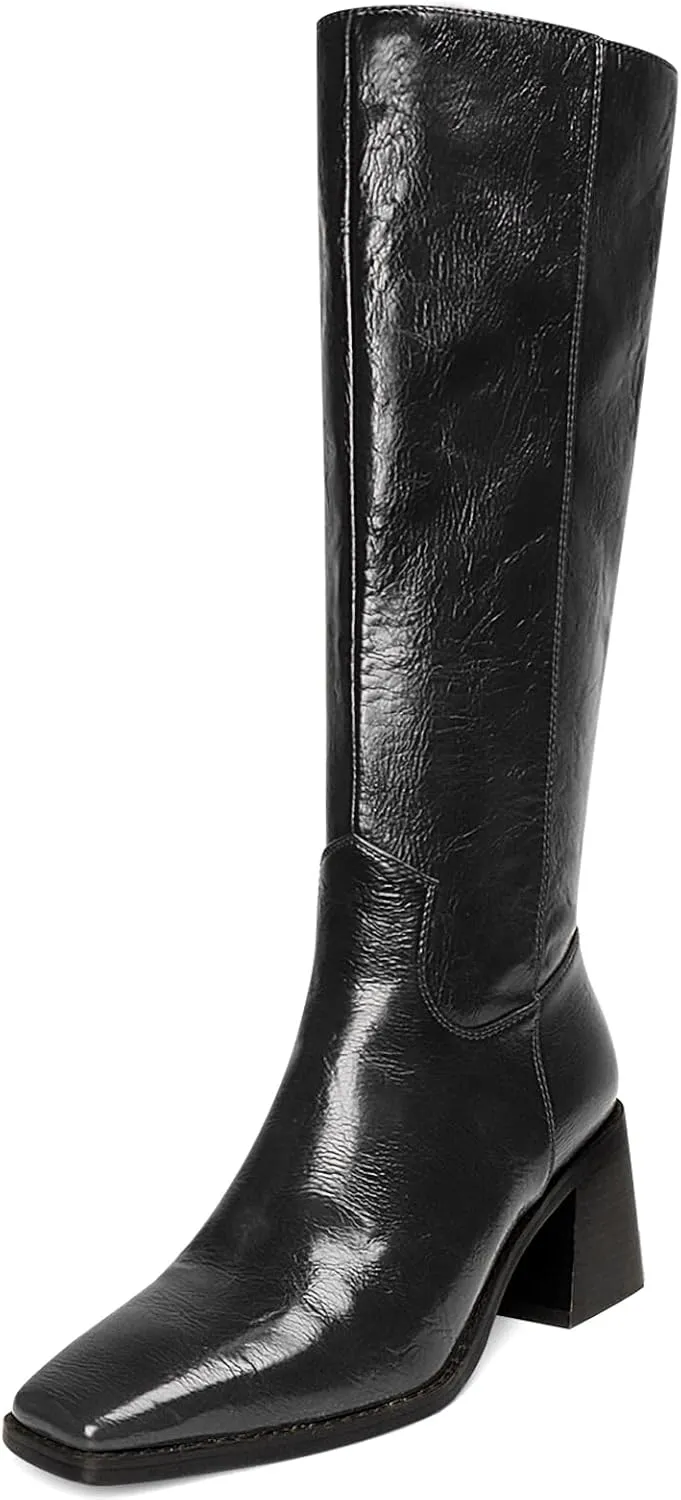 UBWDU Knee High Boots Women Chunky Heel Square Toe Tall Boots High Heel Long Booties with Zip