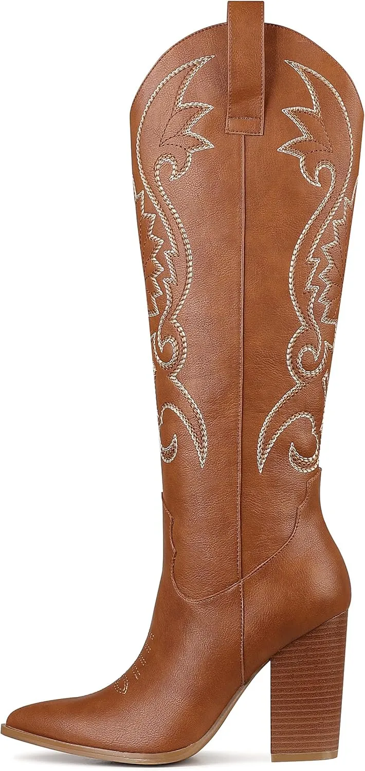 VOMIRA Knee High Cowboy Boots for Women Pointed Toe Chunky High Heels Pull-on Embroidered Boots Western Boots Wide Calf Cowgirl Boots