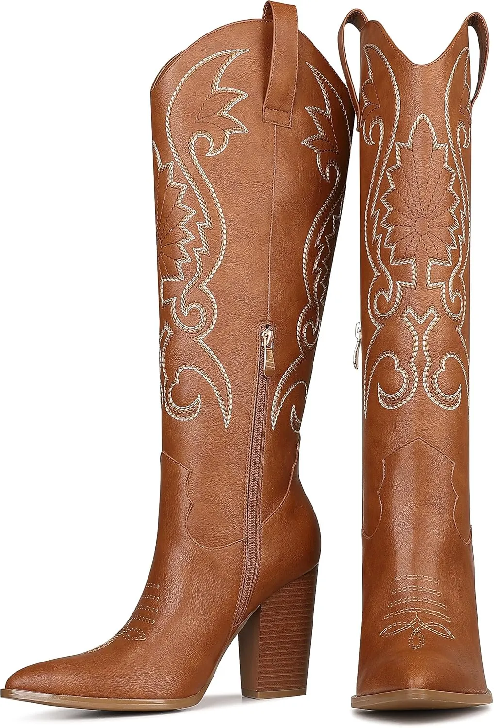 VOMIRA Knee High Cowboy Boots for Women Pointed Toe Chunky High Heels Pull-on Embroidered Boots Western Boots Wide Calf Cowgirl Boots