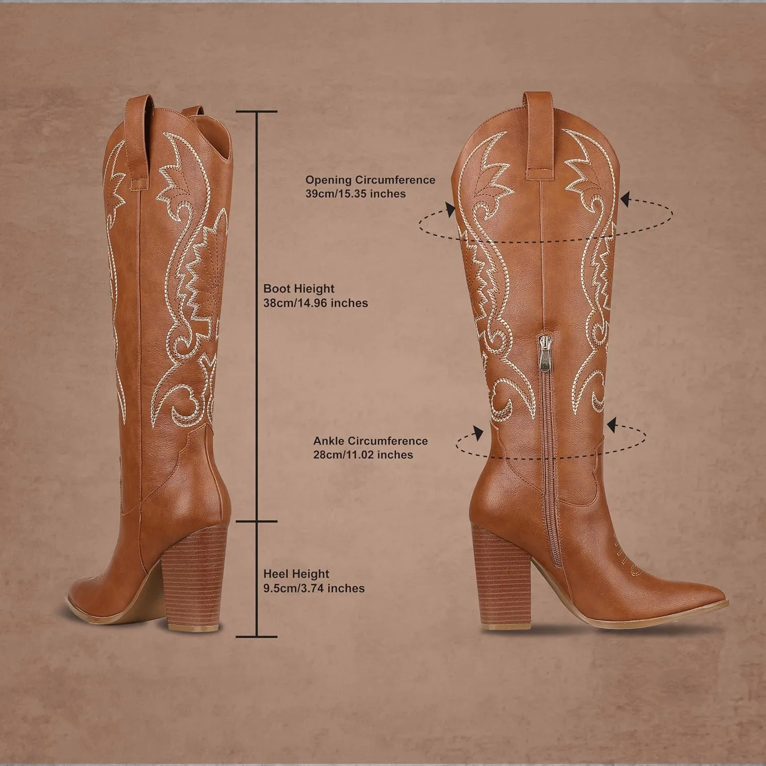 VOMIRA Knee High Cowboy Boots for Women Pointed Toe Chunky High Heels Pull-on Embroidered Boots Western Boots Wide Calf Cowgirl Boots