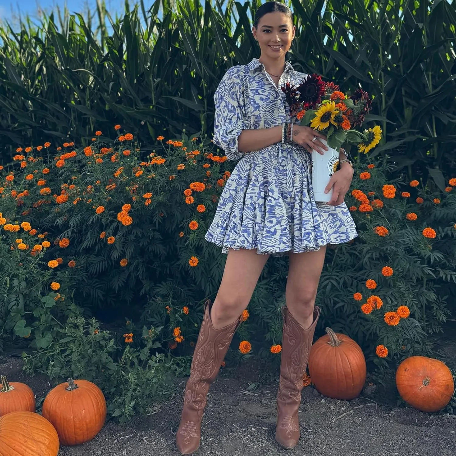 VOMIRA Knee High Cowboy Boots for Women Pointed Toe Chunky High Heels Pull-on Embroidered Boots Western Boots Wide Calf Cowgirl Boots