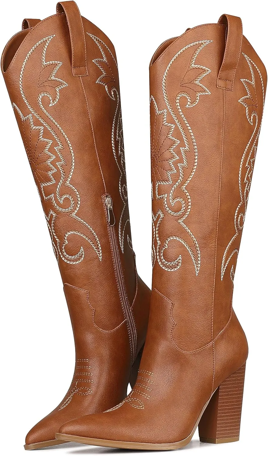 VOMIRA Knee High Cowboy Boots for Women Pointed Toe Chunky High Heels Pull-on Embroidered Boots Western Boots Wide Calf Cowgirl Boots