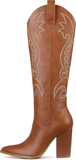 VOMIRA Knee High Cowboy Boots for Women Pointed Toe Chunky High Heels Pull-on Embroidered Boots Western Boots Wide Calf Cowgirl Boots